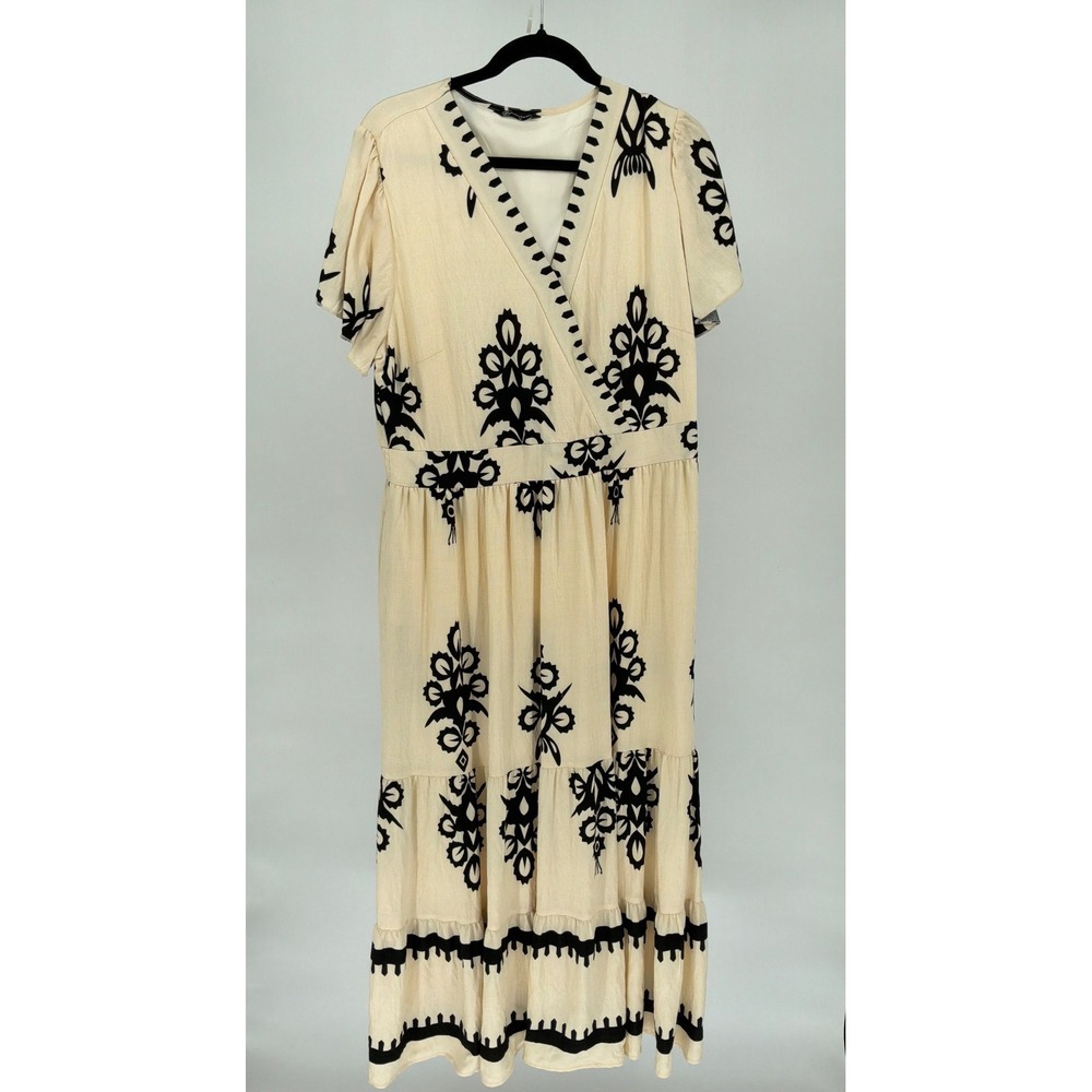 PrettyGarden Women XL Cream Black Damask Print Wrap V-Neck Tiered Maxi Dress